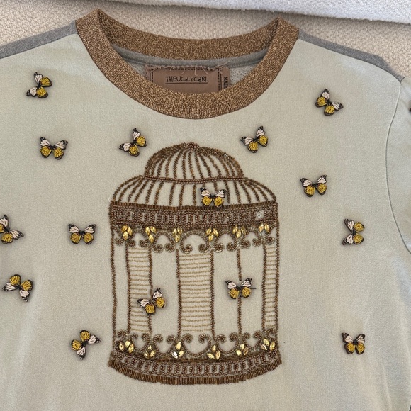 Stylish Women's Sweatshirt with Birdcage Design - Beige and Gray - Picture 2 of 5